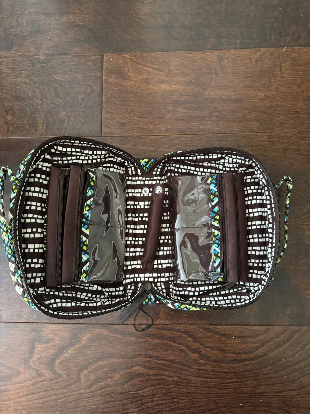 Vera Bradley Quilted Jewelry Travel Case in Blue, Green & White Geometric Print